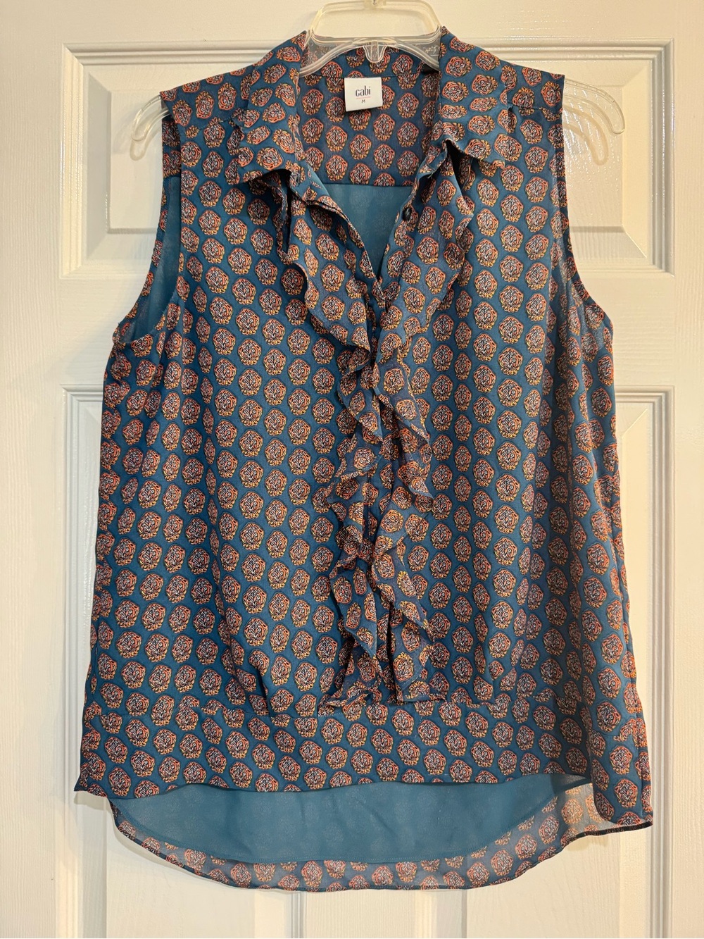 Cabi Teal Medallion Print Chiffon Ruffle Sleeveless Blouse